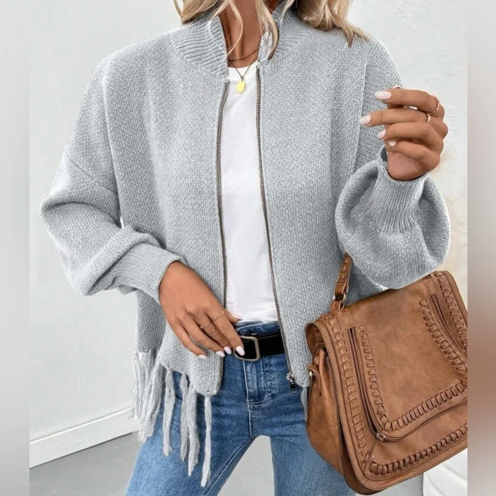 Women's Gray Fringe Sweater